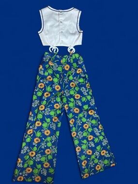 60s/70s Blue Sunflower Print O-Ring Cut-Out Jumpsuit! Size xs/xxs